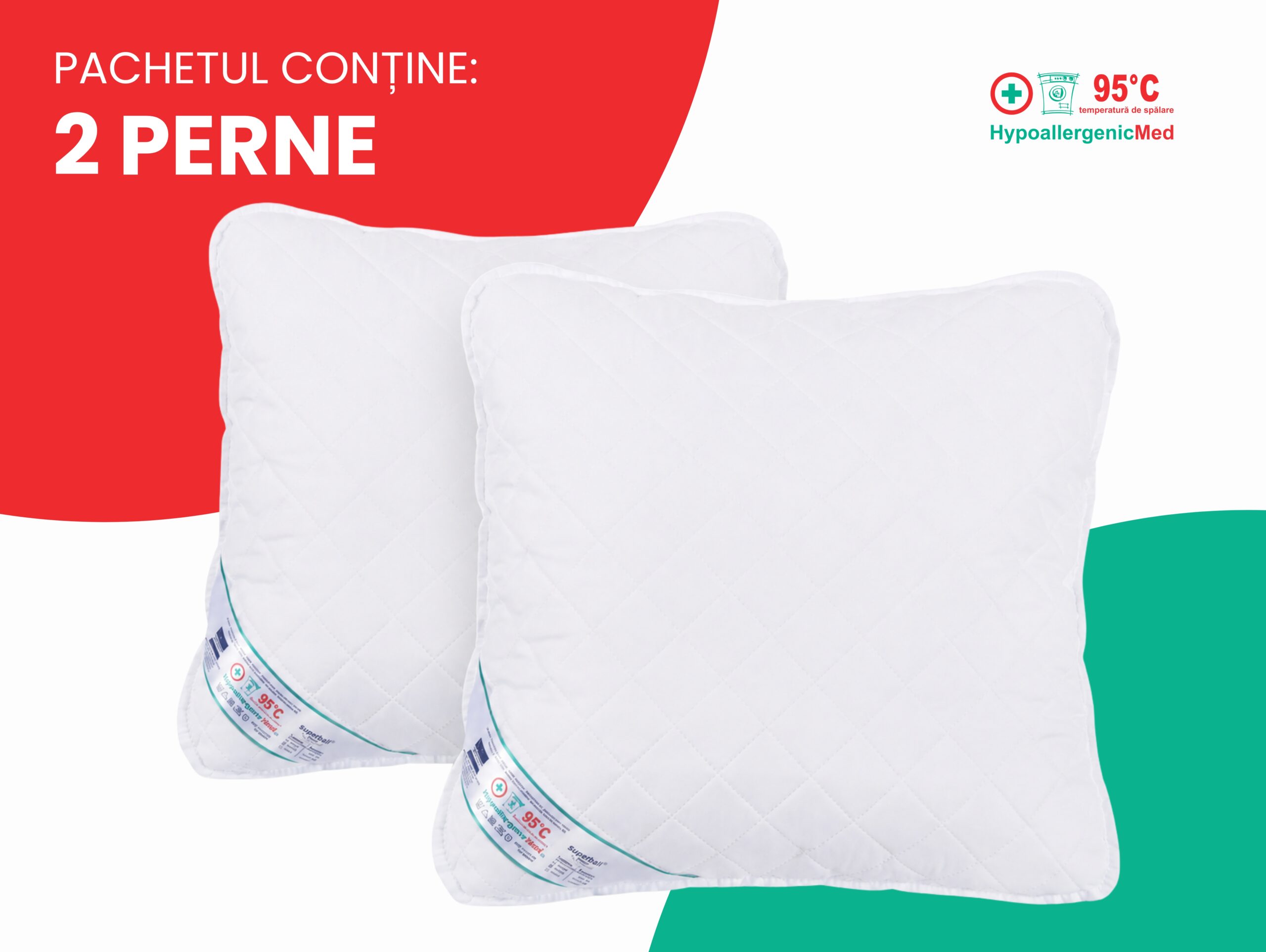 SET 2 Perne Medicinale Hipoalergenice Somnart 60x60cm, HypoallergenicMed, matlasate, lavabile la 95 de grade, fermitate medie spre tare - view 2