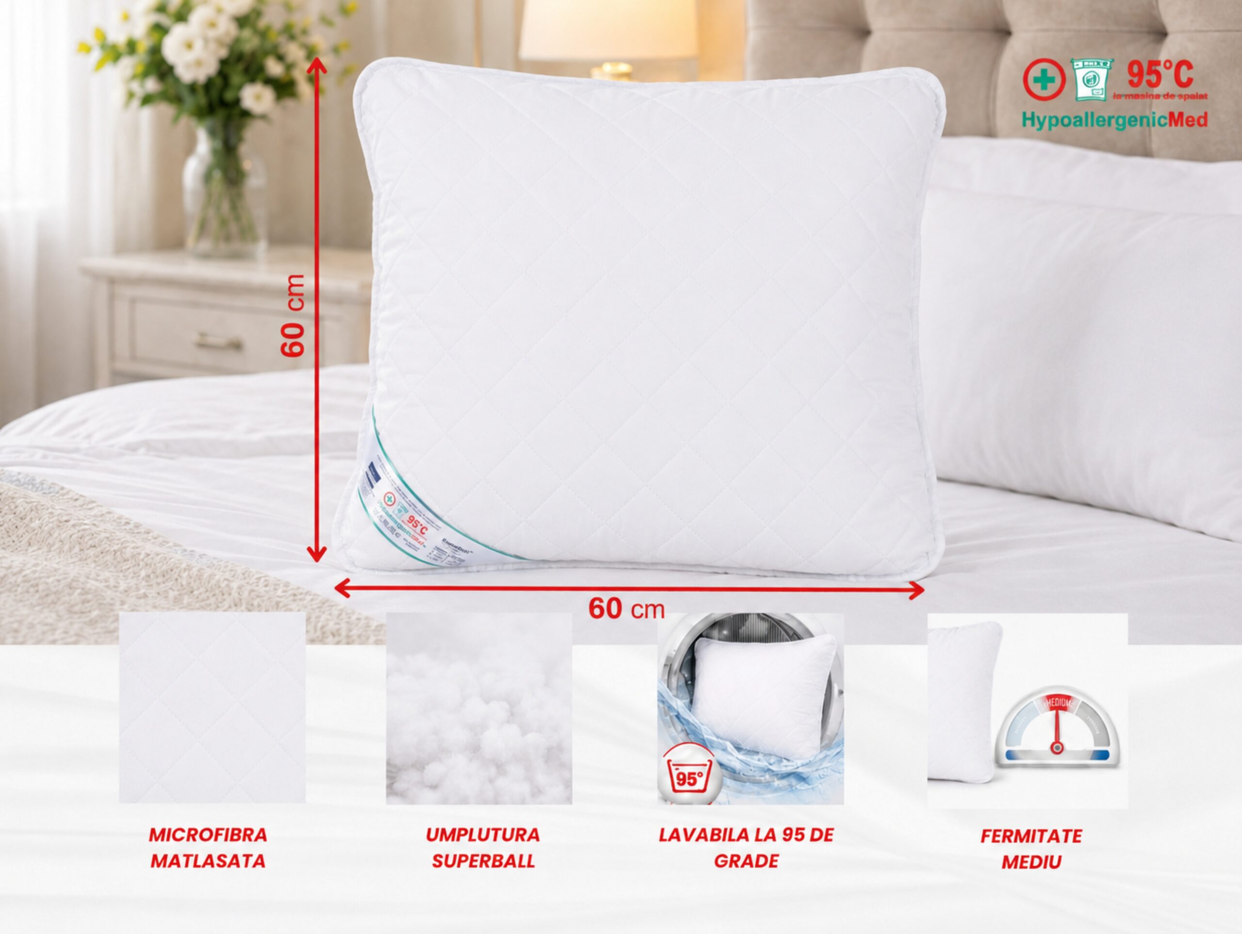 Perna Somnart HypoallergenicMed, lavabila la 95°C - 60 x 60 cm - view 2
