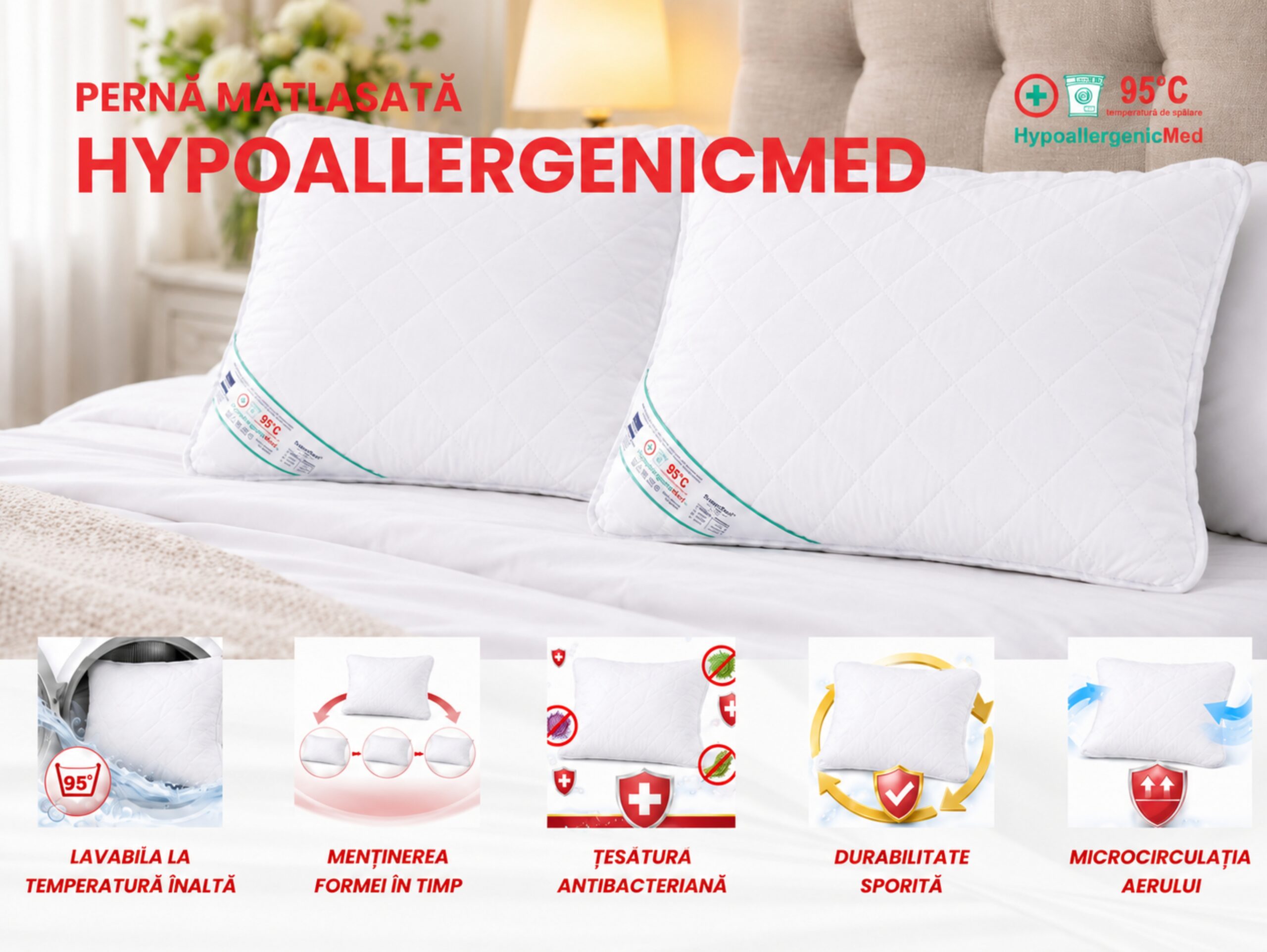 Perna Somnart HypoallergenicMed, lavabila la 95°C - 60 x 60 cm - view 3