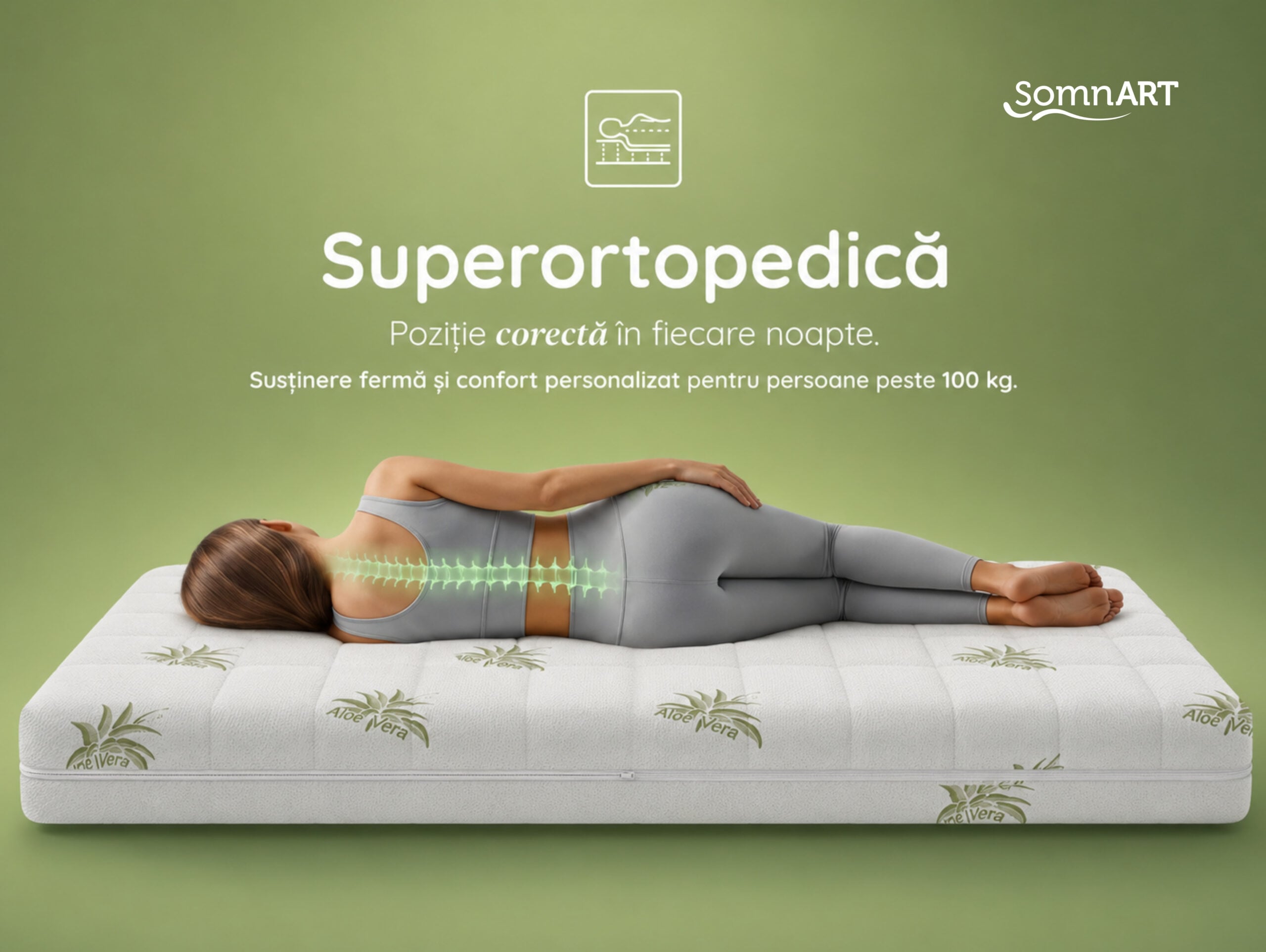 Saltea cu memorie Somnart XXL Memory Plus 90x200, înălțime 25 cm, pentru persoane supraponderale, husă Aloe Vera detașabilă, rulată, fermitate mare
