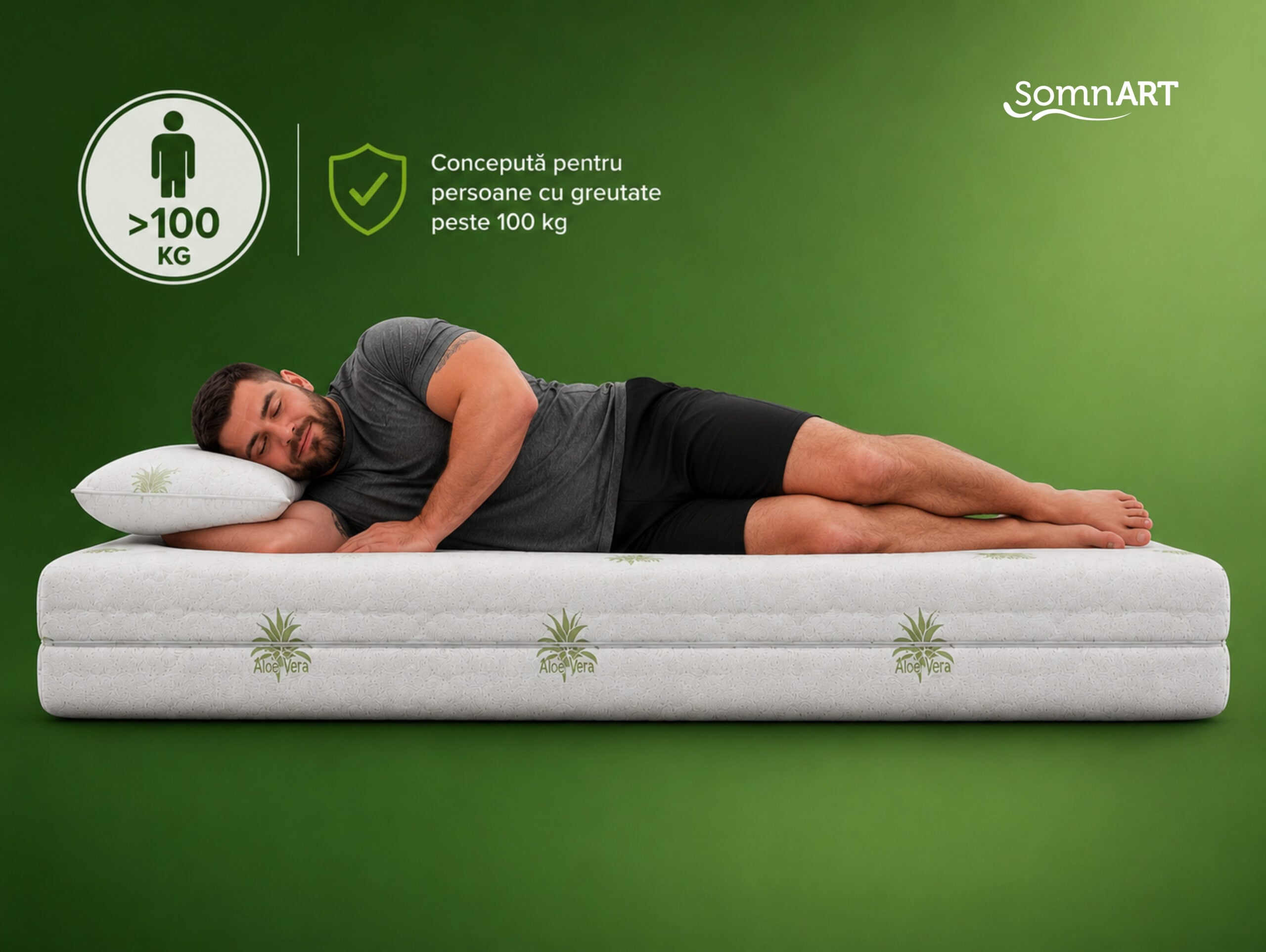 Saltea cu memorie Somnart XXL Memory Plus 90x200, înălțime 25 cm, pentru persoane supraponderale, husă Aloe Vera detașabilă, rulată, fermitate mare