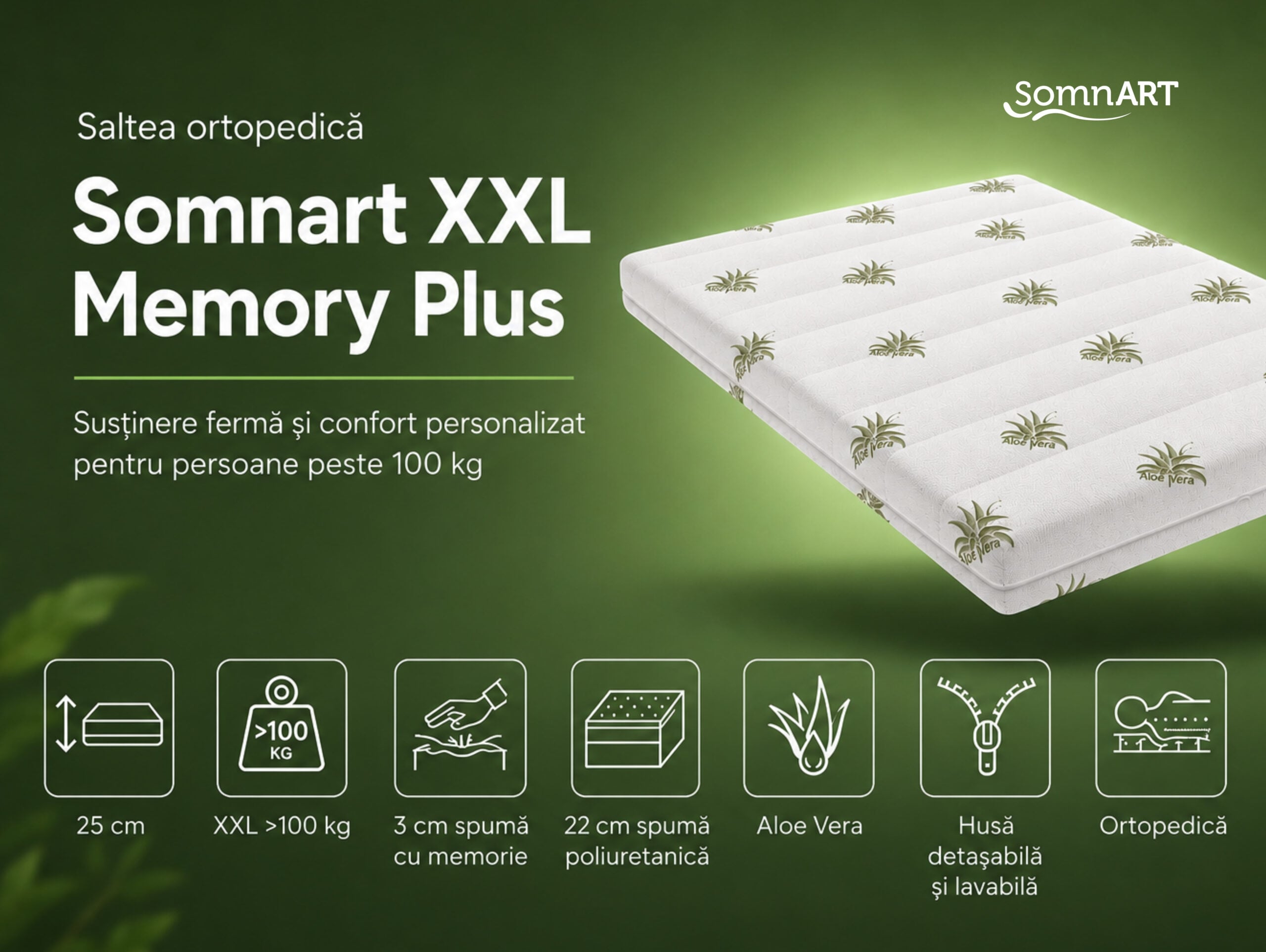 Saltea cu memorie Somnart XXL Memory Plus 90x200, înălțime 25 cm, pentru persoane supraponderale, husă Aloe Vera detașabilă, rulată, fermitate mare