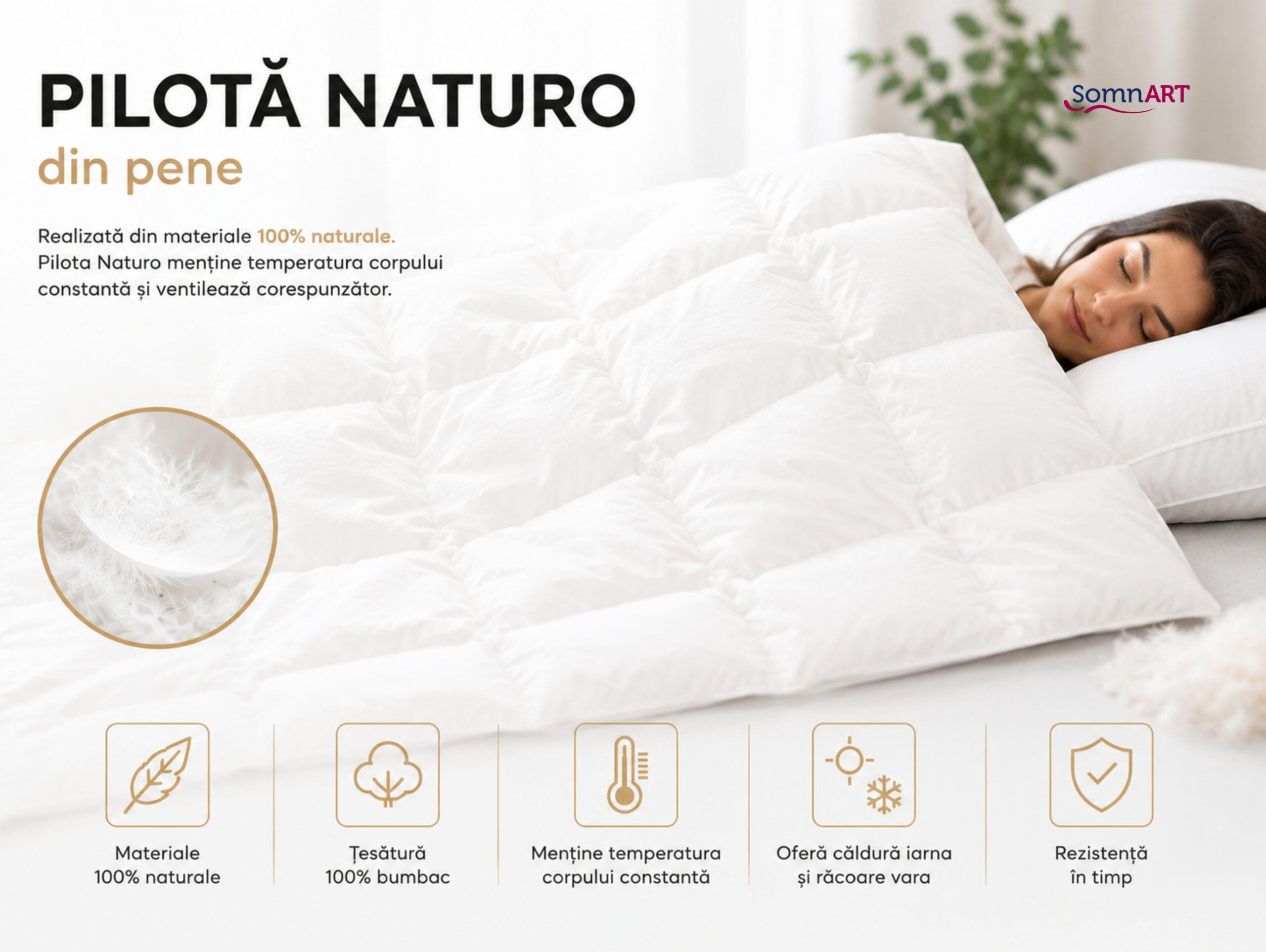 Pilota Naturo Pene 200x220, materiale 100% naturale, tesatura bumbac, mentine temperatura corpului - 3