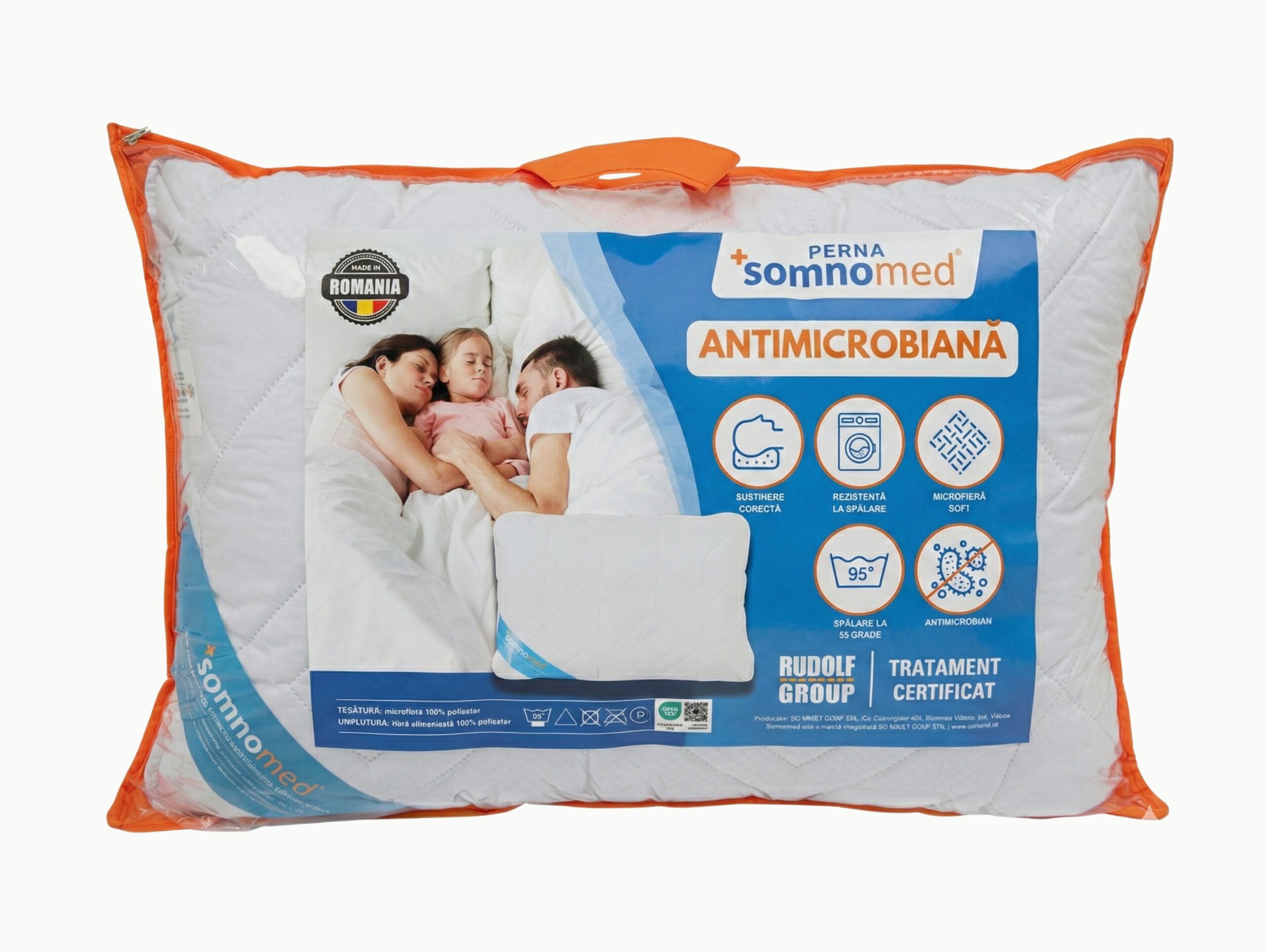 Perna Somnomed Antimicrobiana lavabila la 95°C - 50 x 70 cm, ambalata la geanta cu manere