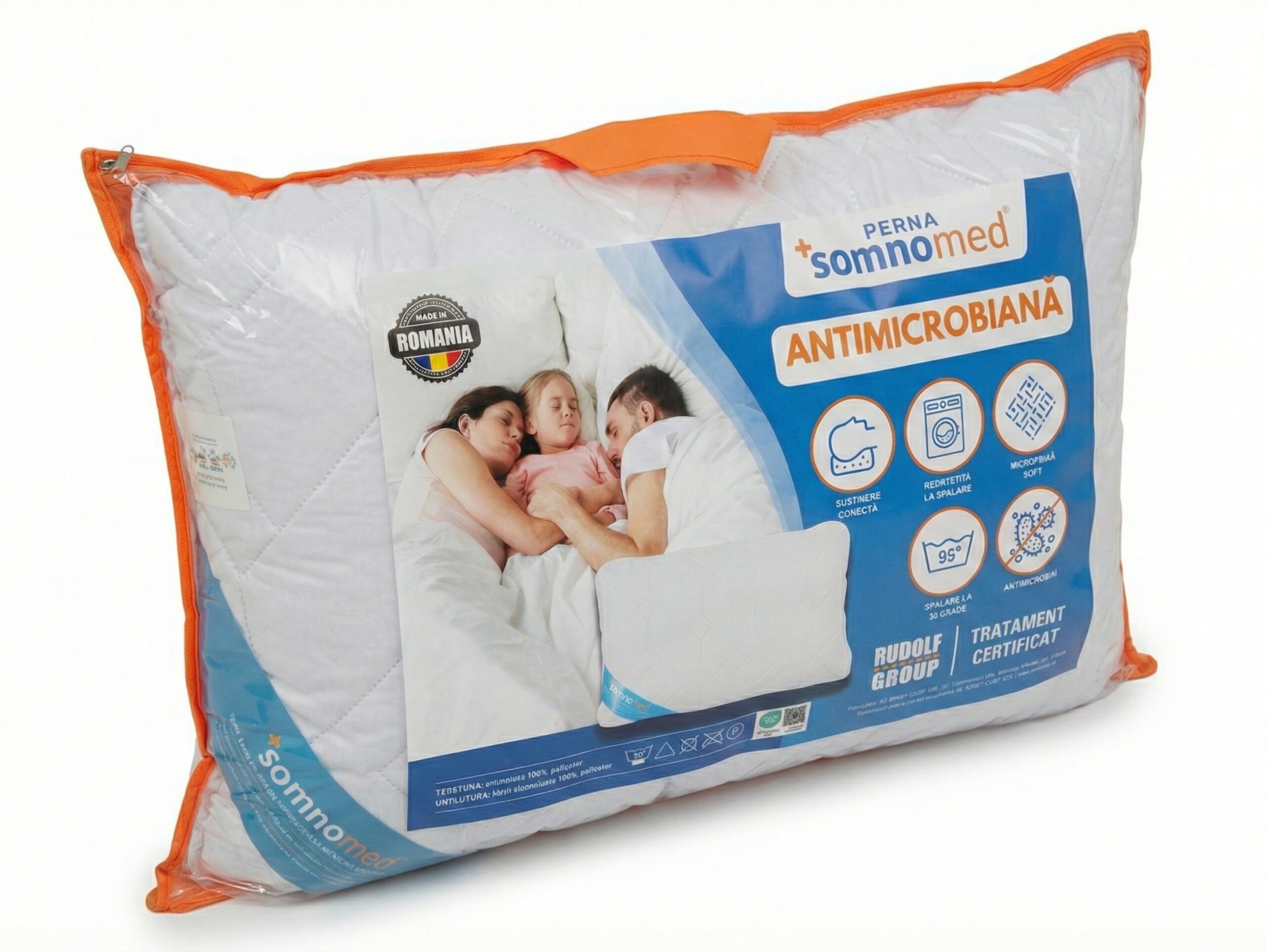 Perna Somnomed Antimicrobiana lavabila la 95°C - 50 x 70 cm, ambalata la geanta cu manere