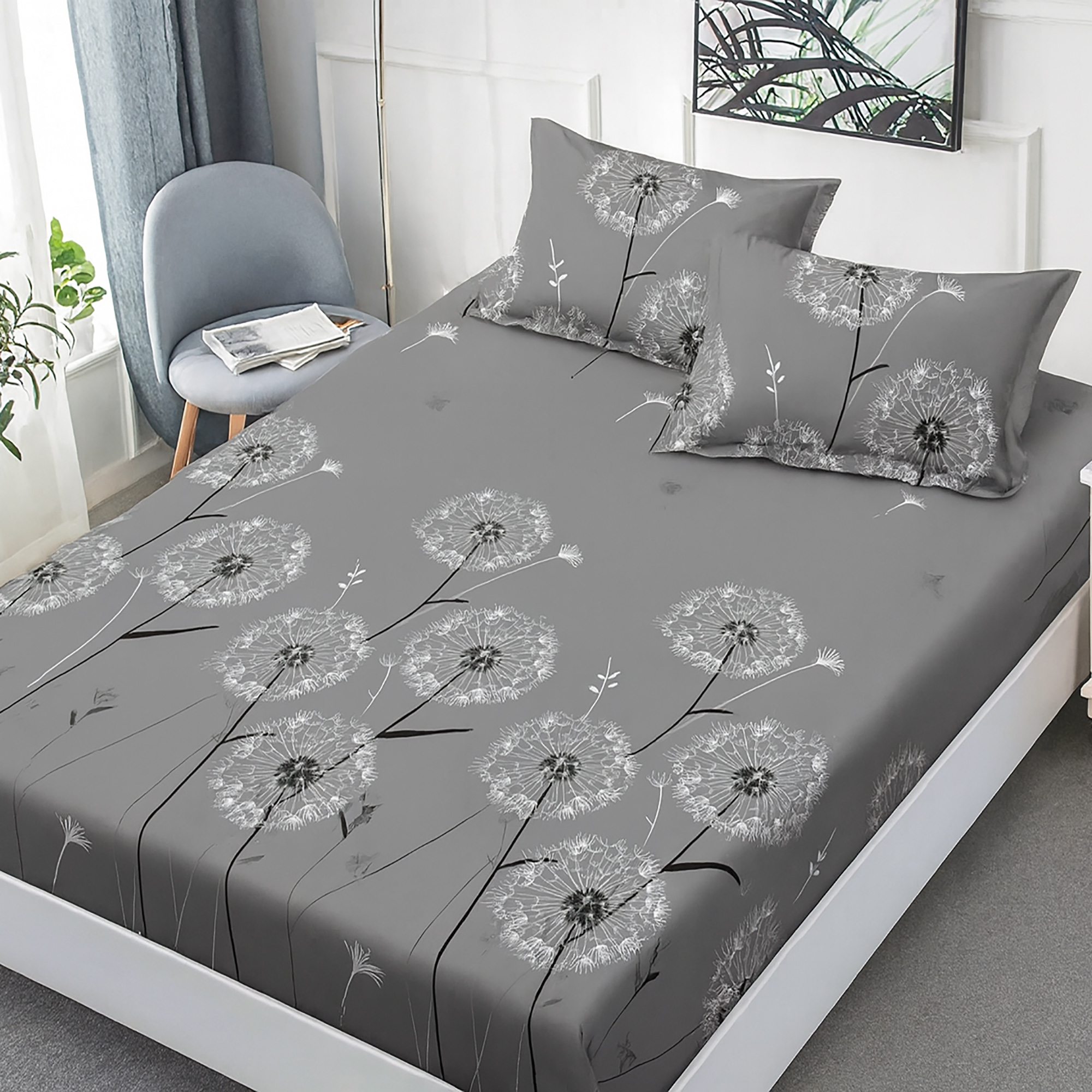 Husa de pat Finet + 2 fete de perna, pentru saltea de 160x200 cm, Papadii gri