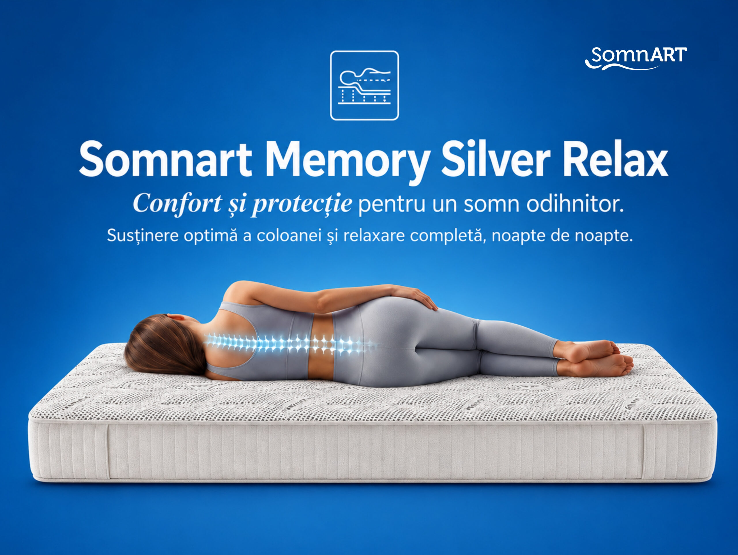 Saltea cu memorie Somnart Silver Relax 140x200, înălțime 24 cm, husă tricot Silver, cu mânere, fermitate medie