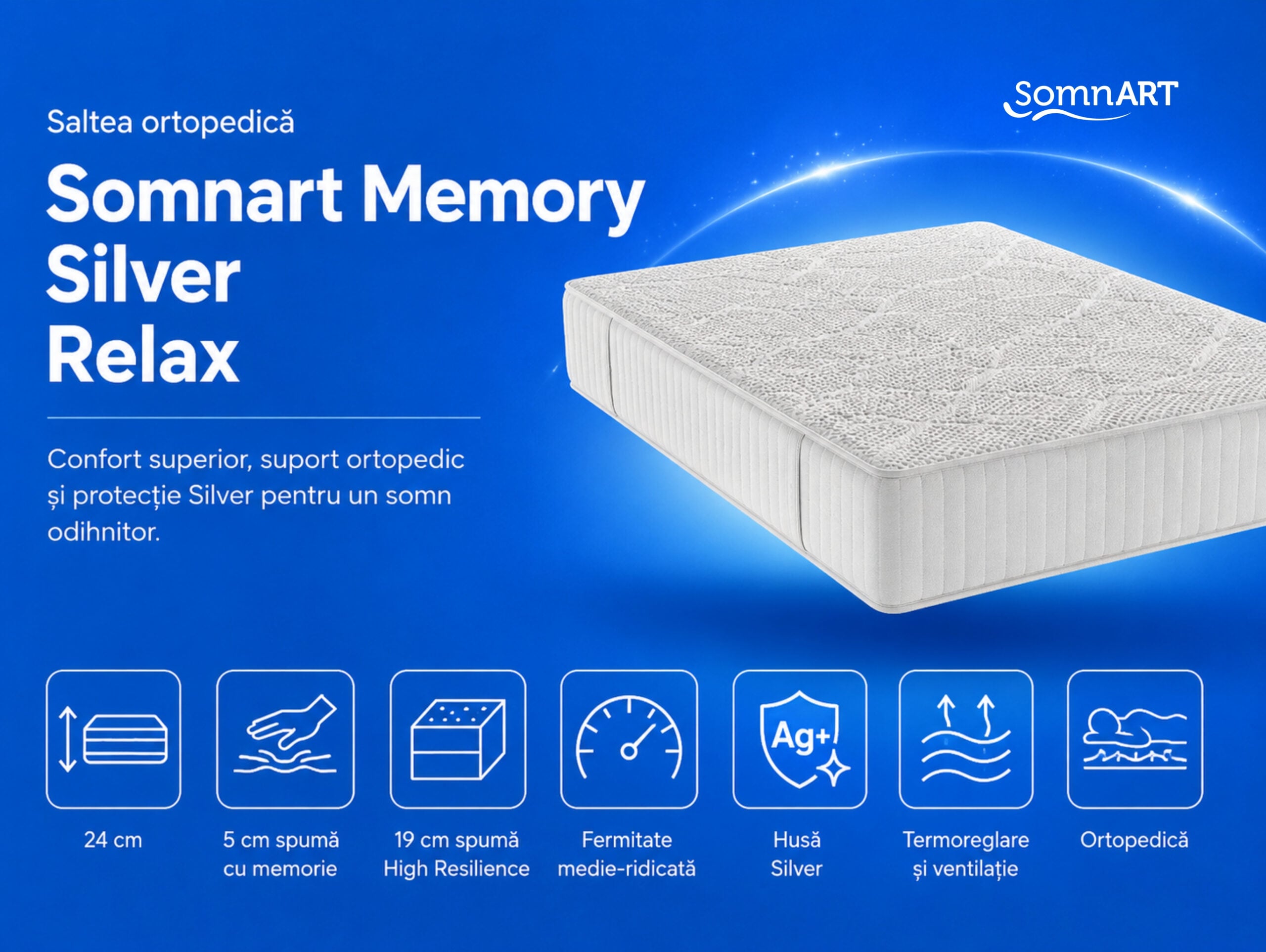Saltea cu memorie Somnart Silver Relax 140x200, înălțime 24 cm, husă tricot Silver, cu mânere, fermitate medie