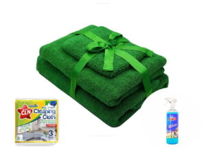 Pachet 1 Set prosoape 3 piese Verde + Solutie de geamuri 1 kg + Set lavete uscate universale