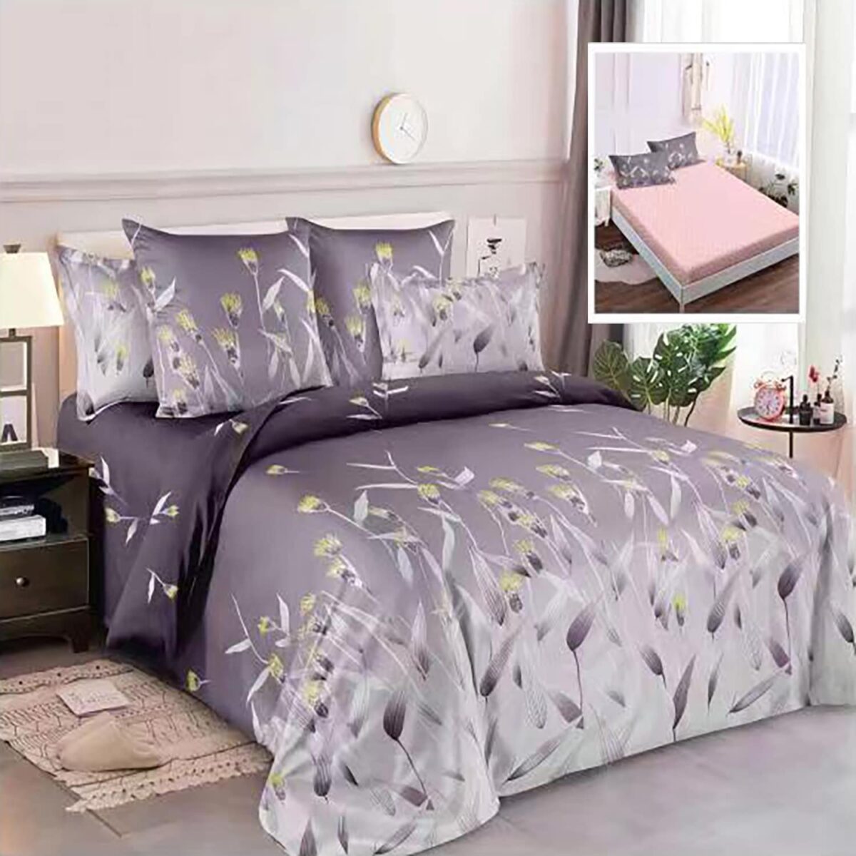 Lenjerie de pat finet 6 piese, cearceaf pat cu elastic, cearceaf pilota 200x230, 2 fete perna 50x70, 2 fete perna 70x70, Extra, roz-mov flori