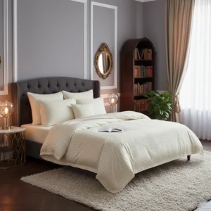 Lenjerie de pat pentru 1 persoana, Bumbac Damasc 100%, 3 piese, Cearceaf pat 160x240, Cearceaf pilota 150x210, Fete de perne 50x70, crem