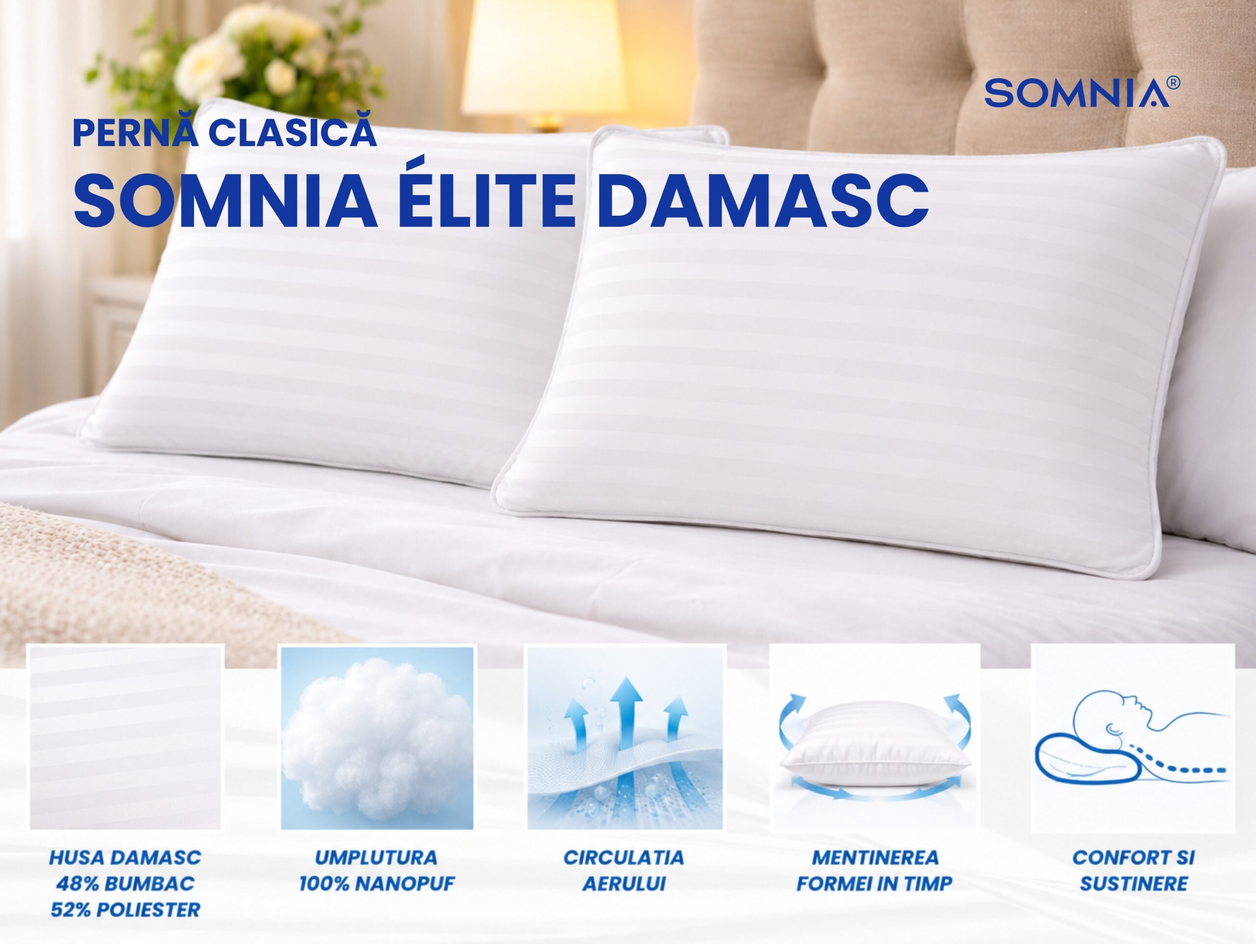Perna clasica din nanofibra Somnia Élite Damasc, 50 x 70 cm, la geanta