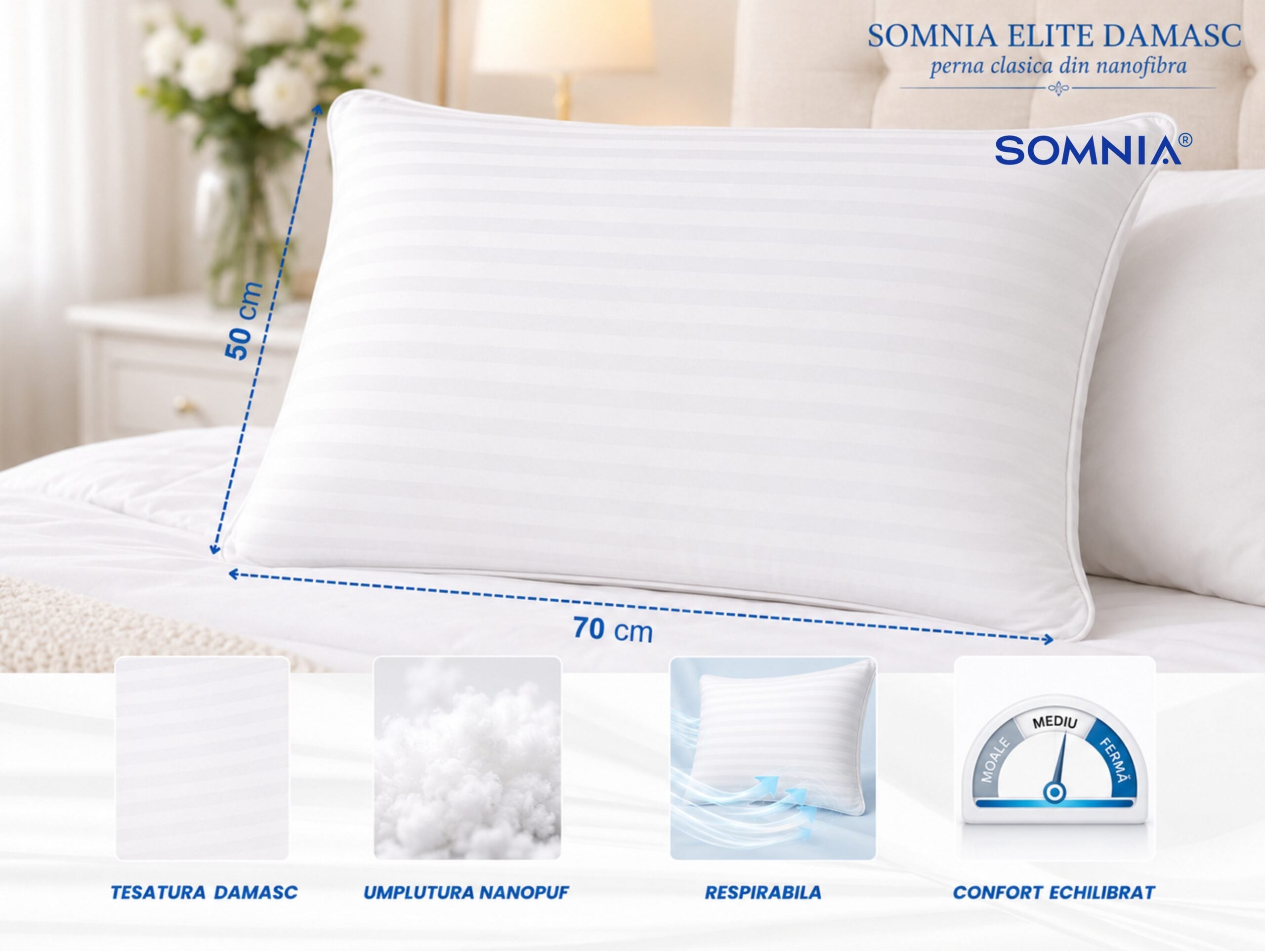 Perna clasica din nanofibra Somnia Élite Damasc, 50 x 70 cm, la geanta