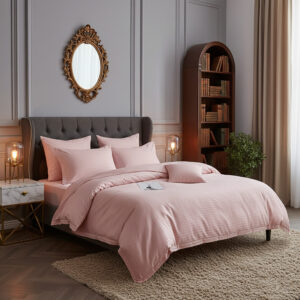 Lenjerie de pat pentru 2 persoane XXL, Bumbac Damasc 100%, 4 piese, Cearceaf pat 240x260, Cearceaf pilota 200x230, Fete de perne 50x70 x 2, roz pudra